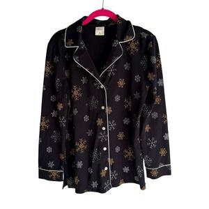 SOMA Embraceable Black Long Sleeve Notch Collar Snowflake Ladies Pajama Top, XS